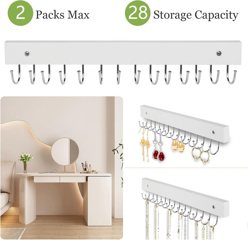 AnDock Necklace Holder Wall Mounted Jewelry Organizer - 2 Pack Wooden with 28 Hooks, Hanging Earring & Ring Bracelet Storage, Decorative Space-Saving Jewelry Display (White) - Image 2